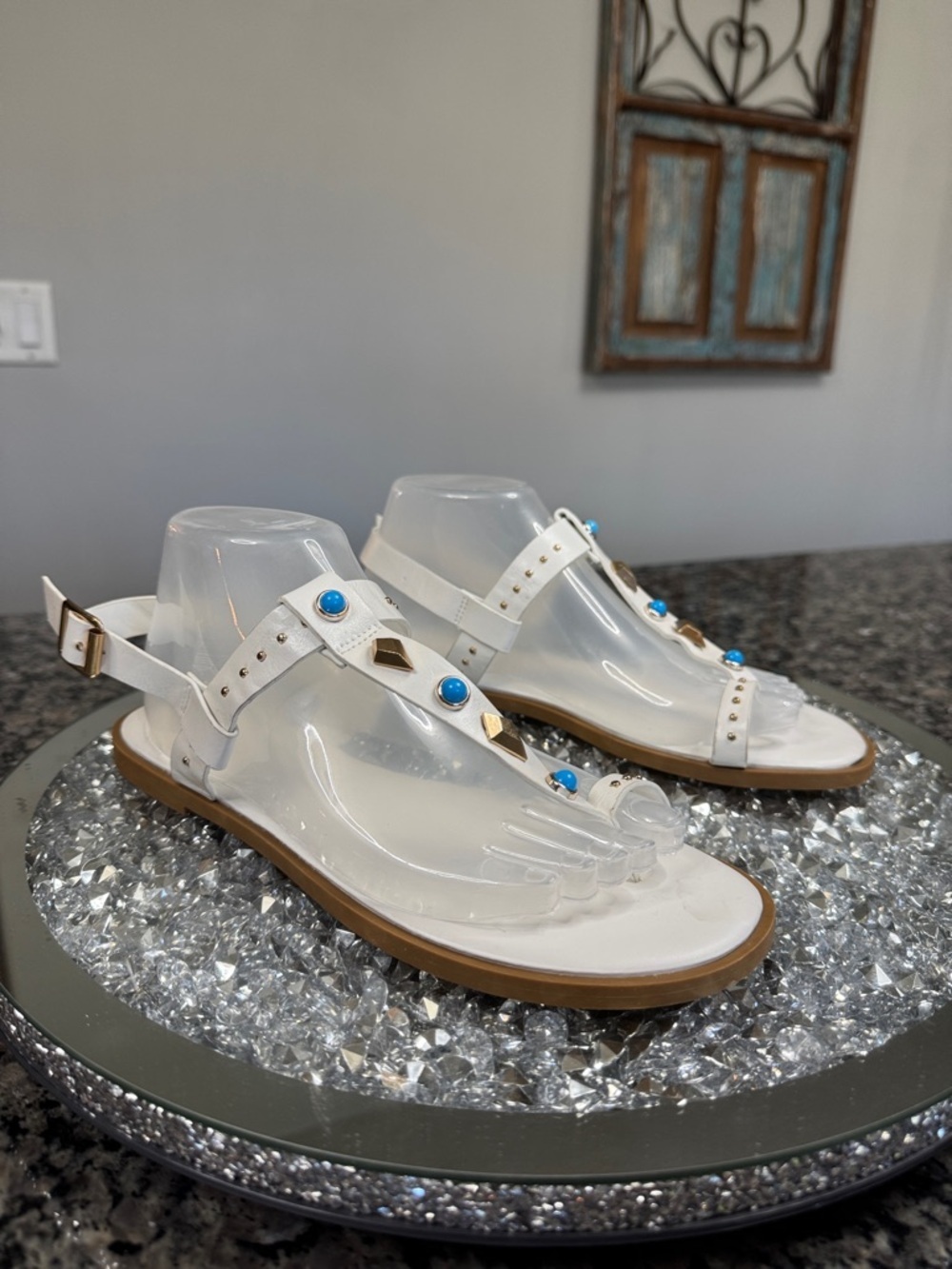 Rouge! White T-Strap Sandals with Turquoise and gold Accents NEW 9